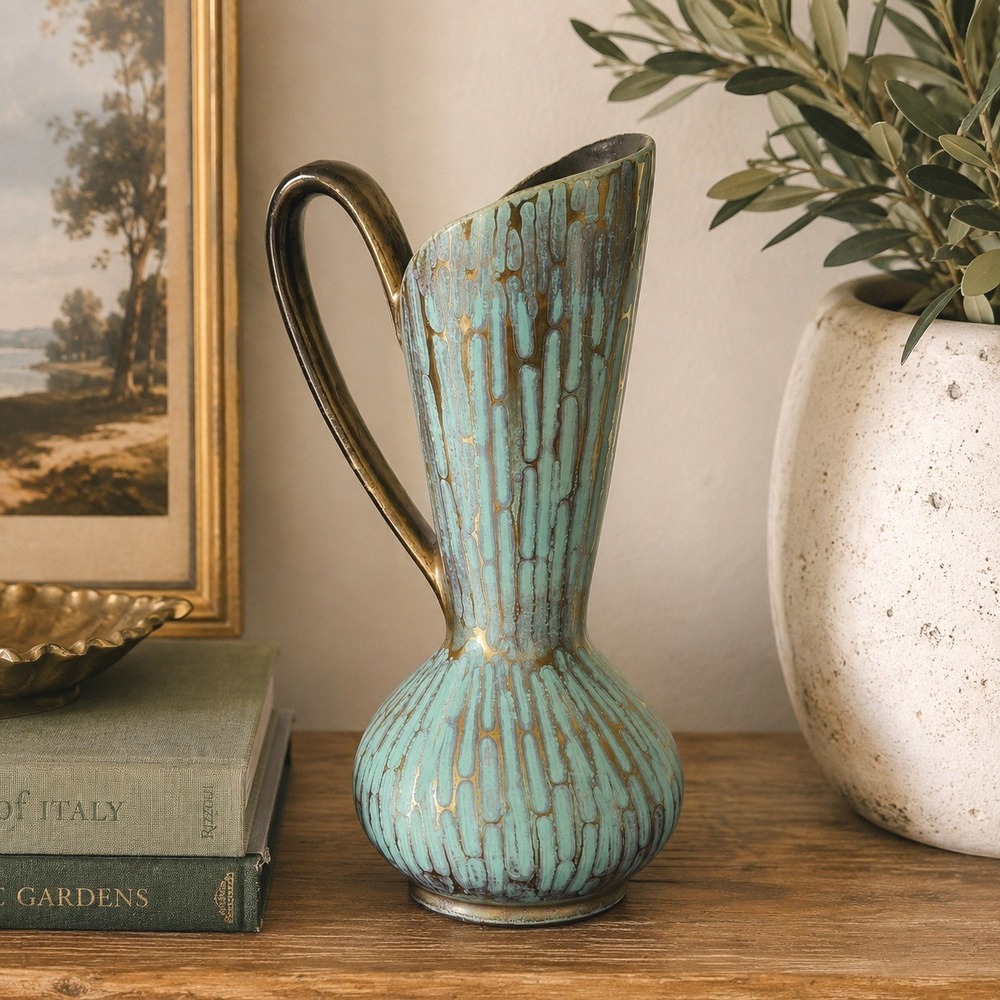 Vintage Carstens Tonnieshof Rimini Ewer Vase Turquoise Gold Drip Glaze W Germany